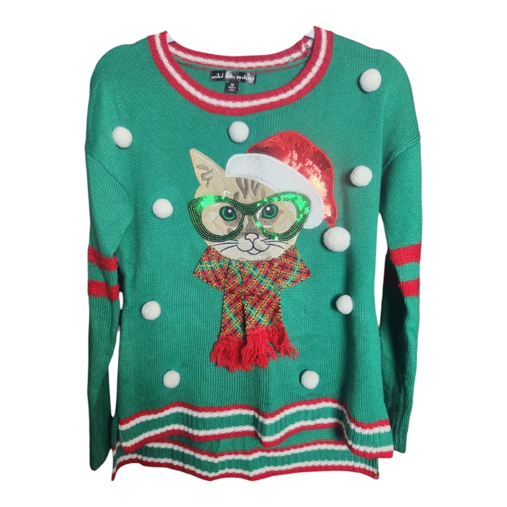 United States Sweaters Sophisticated Kitty Ugly Christmas Sweater Medium Sequins